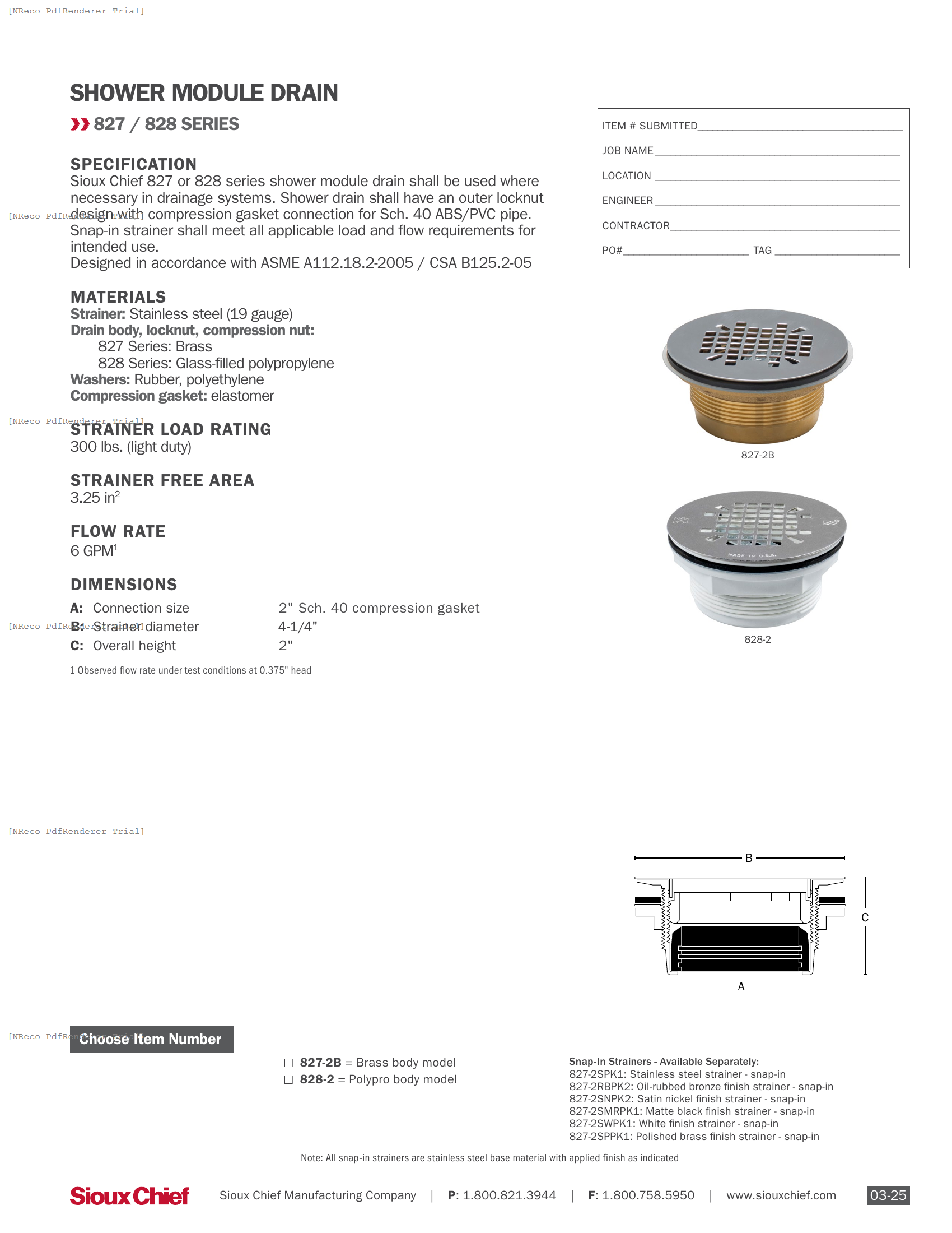 827 & 828 SERIES - SHOWER MODULE DRAIN - SPEC SHEET.PDF Specification Document